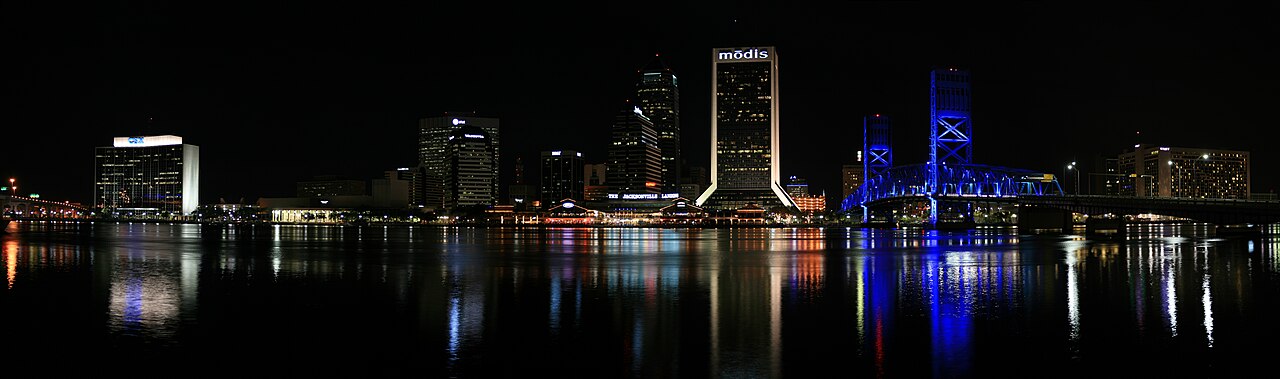 Jacksonville skyline and St. Johns River at night, Florida
