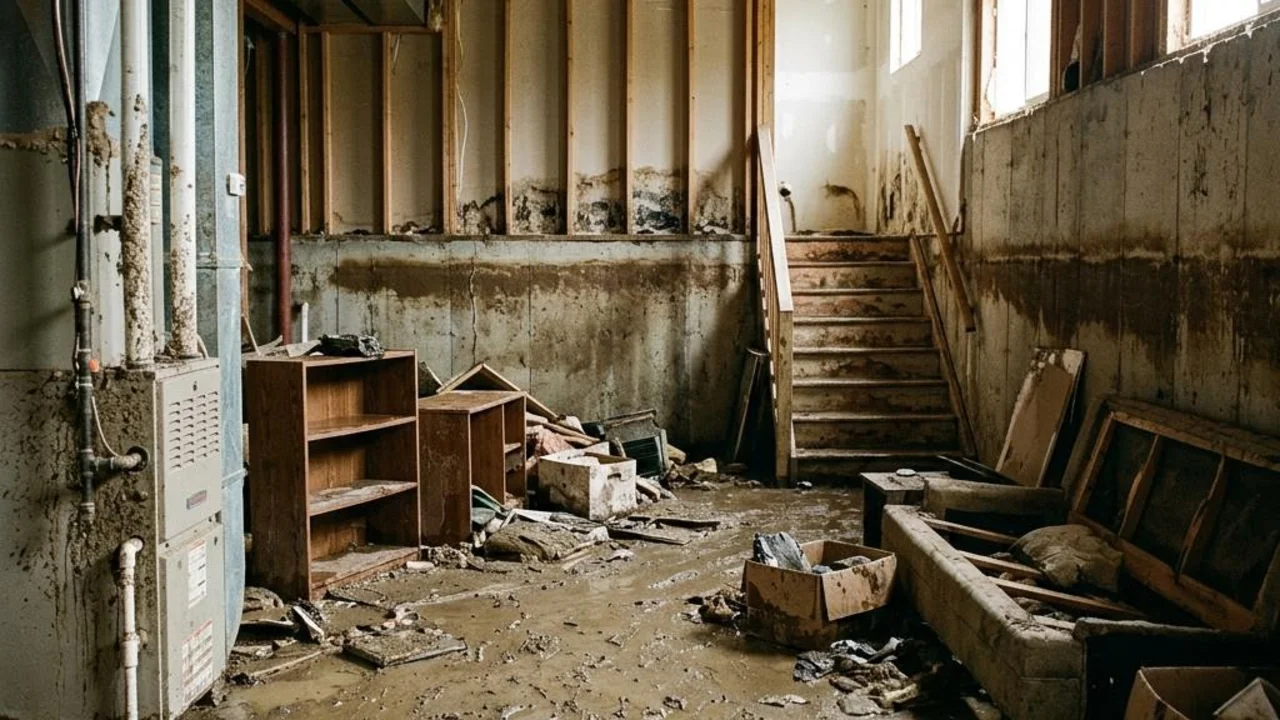 Illustrative flooded basement with water-damaged walls and household belongings.