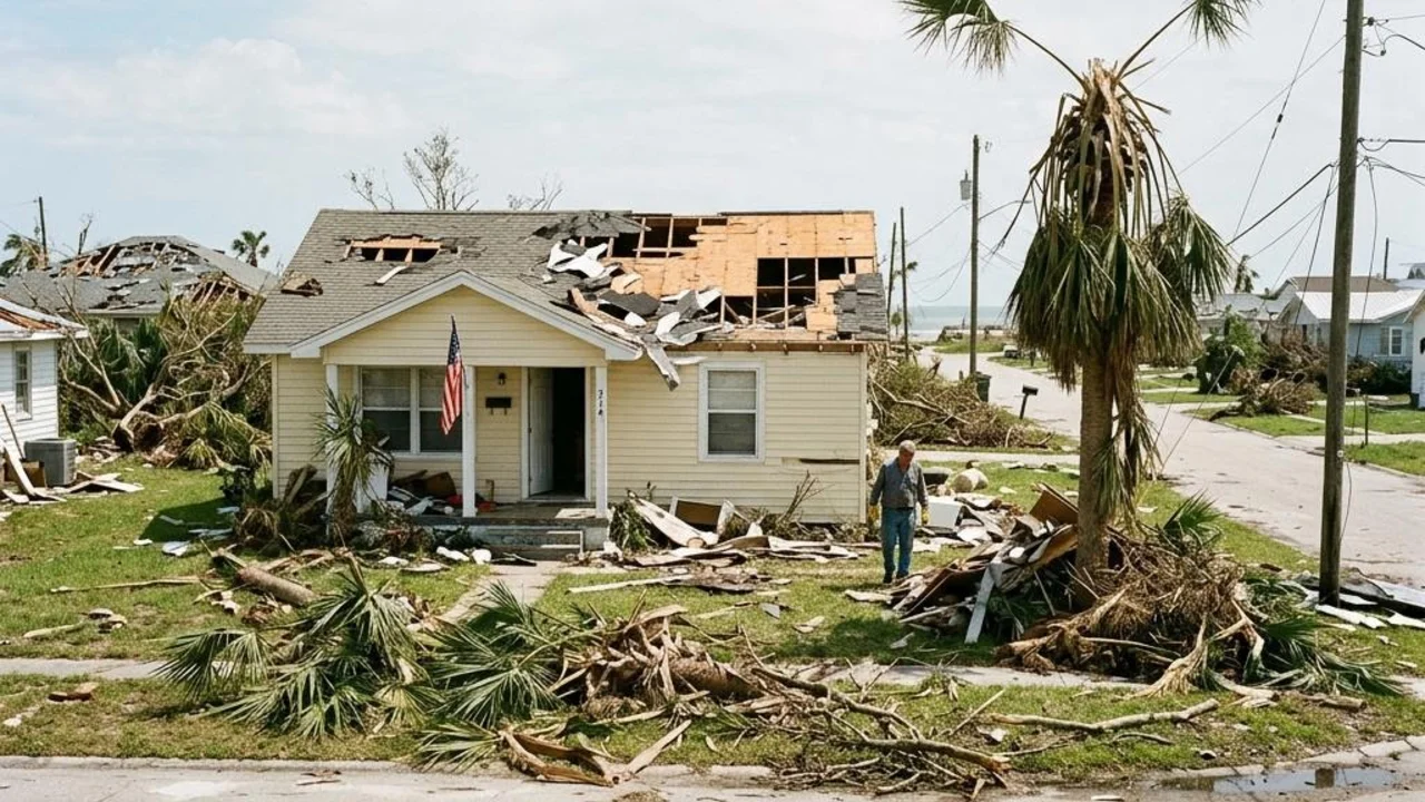 Illustrative residential storm damage after a hurricane.