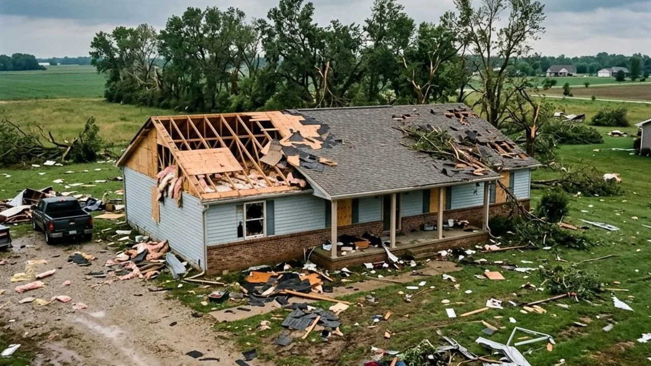 Illustrative residential damage after a tornado.