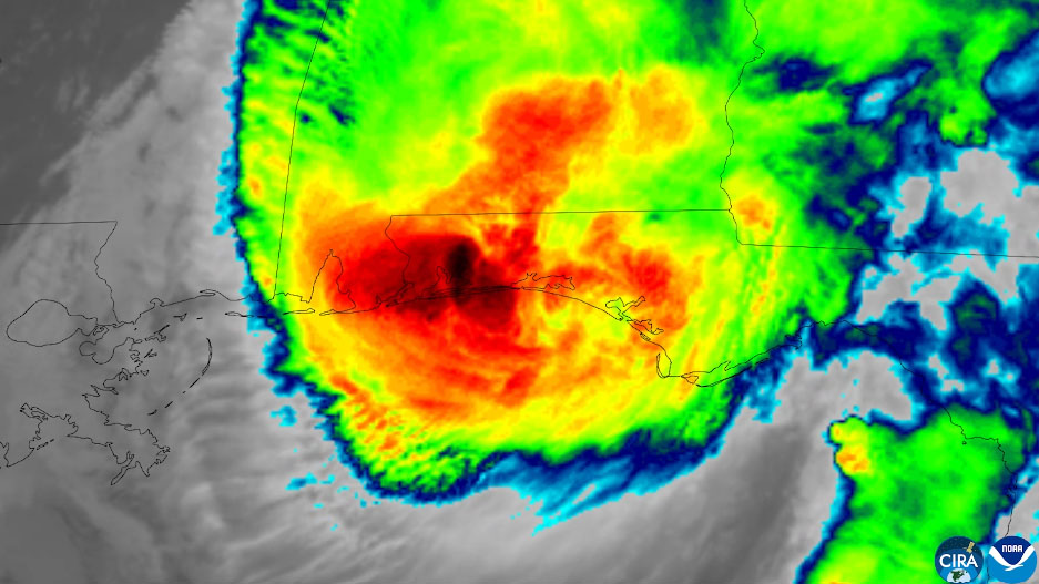 NOAA GOES East infrared satellite image of Hurricane Isaias making landfall near Destin, Florida, October 9–10, 2026.