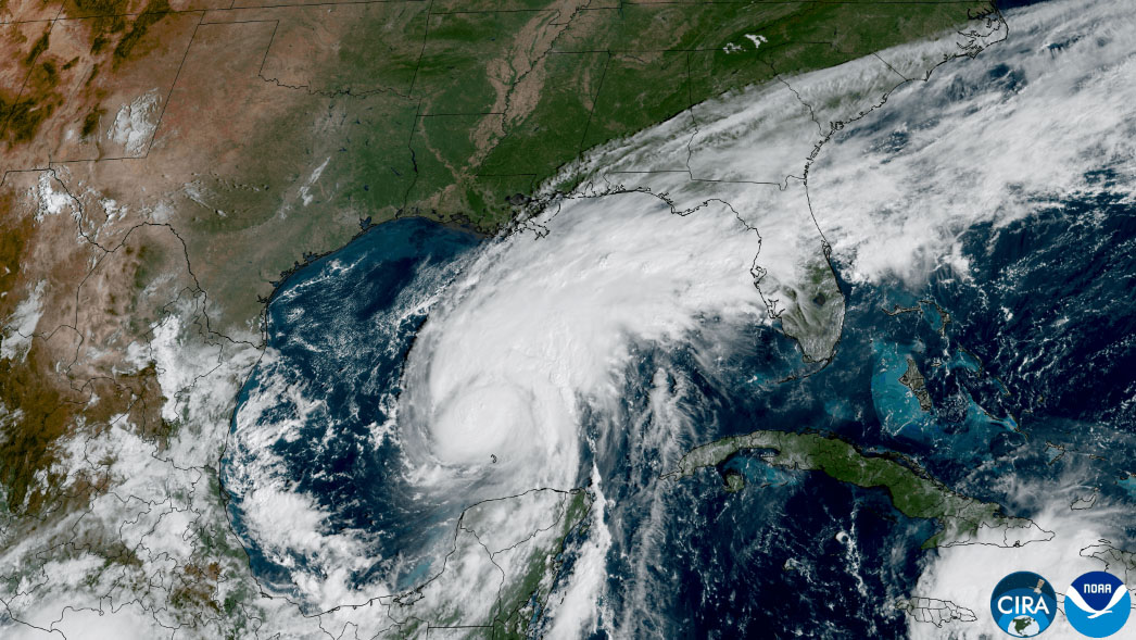 NOAA GOES East GeoColor satellite image of Hurricane Isaias over the Gulf on October 8, 2026, before its Florida Panhandle landfall.