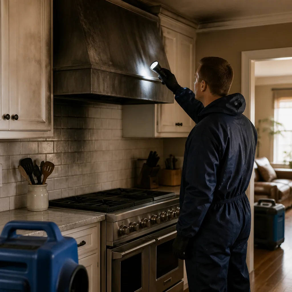 Illustrative photo of a restoration specialist checking smoke residue in a residential kitchen.