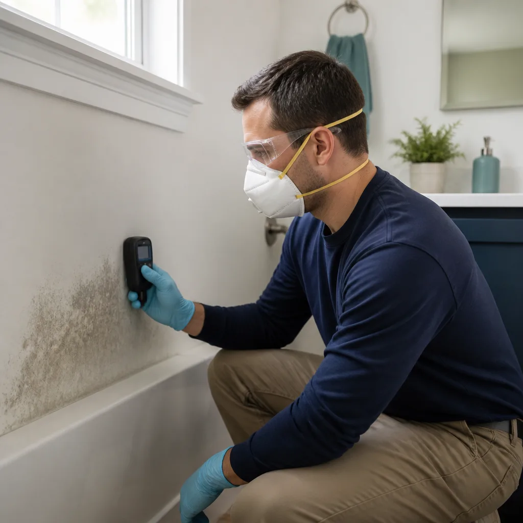 Illustrative photo of a remediation technician checking a bathroom wall with a moisture meter.