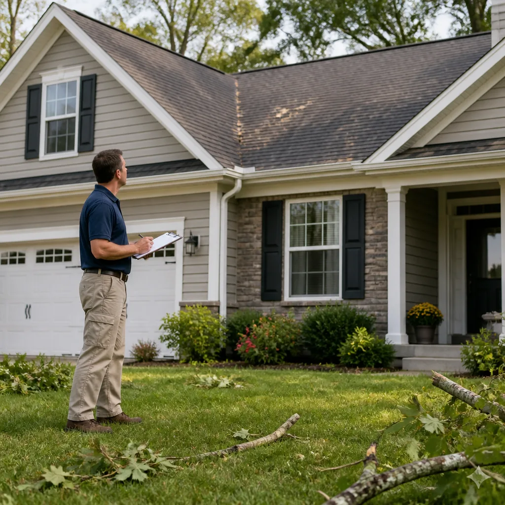 Illustrative photo of a contractor assessing roof damage at a home after a storm.