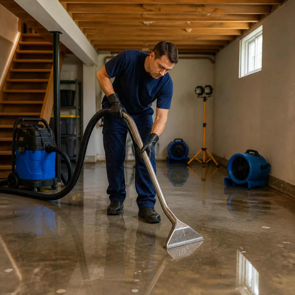 Illustrative photo of a restoration technician extracting water from a residential basement.